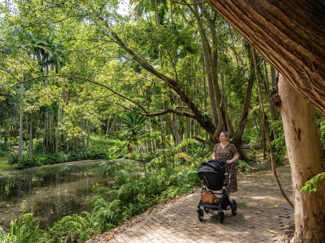 a mother and child exploring Tondoon Botanic Gardens