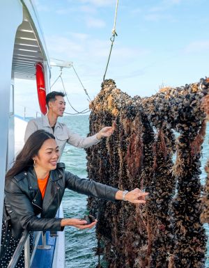 inspecting bivalve bounty from the ropes