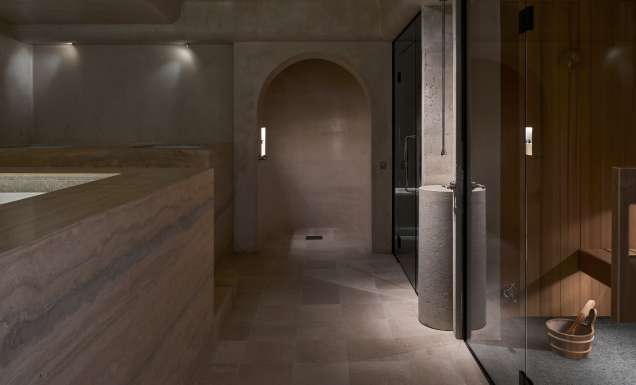 A spa with moody lighting and a sauna