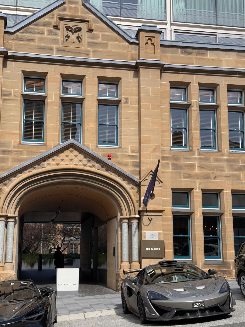 The heritage facade of The Tasman in Hobart