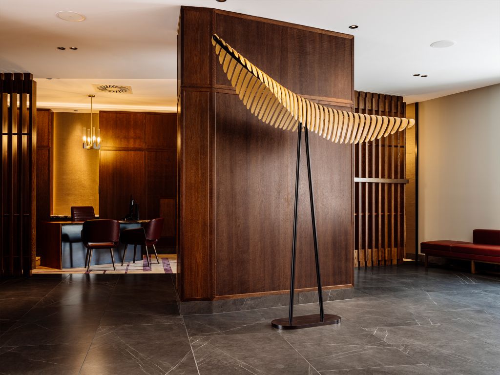 a boat-shaped sculpture in the reception area of The Tasman, Hobart