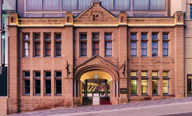 The heritage facade of The Tasman in Hobart