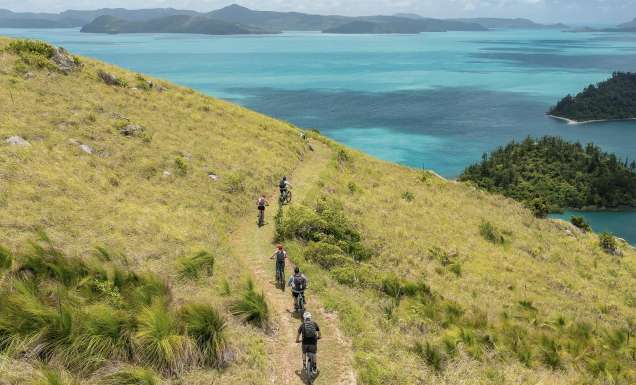 a row of bike riders mountain biking near airlie beach whitsundays