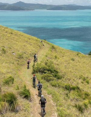 a row of bike riders mountain biking near airlie beach whitsundays