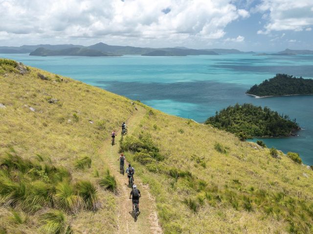 a row of bike riders mountain biking near airlie beach whitsundays