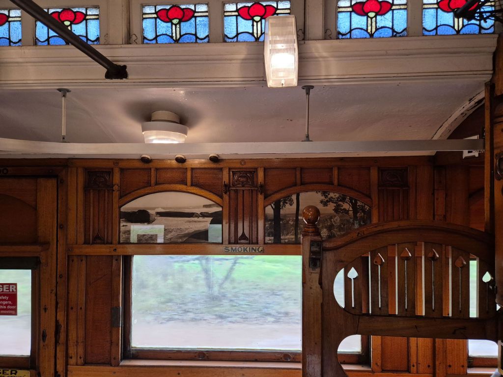 Details inside the wooden heritage car on the Grainlander