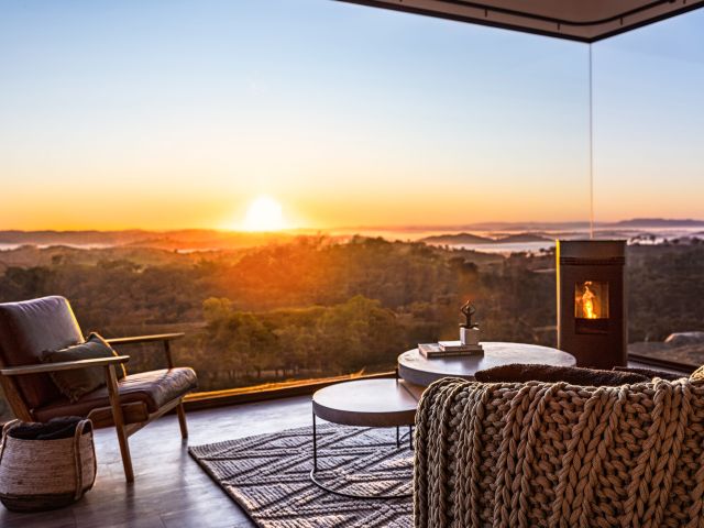 fire in loungeroom of Sierra Escape Elouera Tiny House