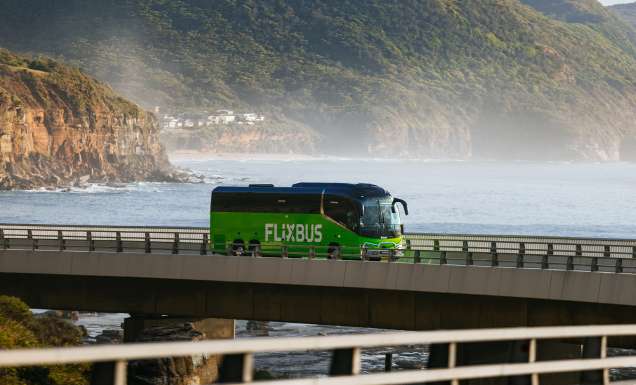 A FlixBus crossing a bridge in Australia