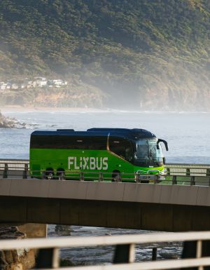 A FlixBus crossing a bridge in Australia