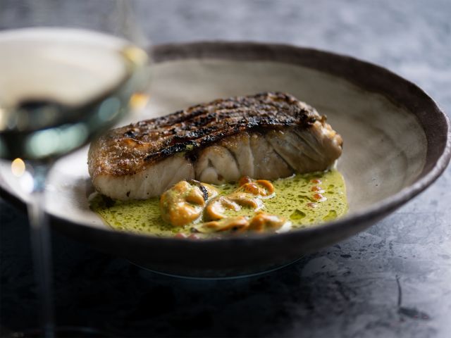 Port Lincoln Hapuka with Blue Lip Mussels and Salmon Roe at anvers wines