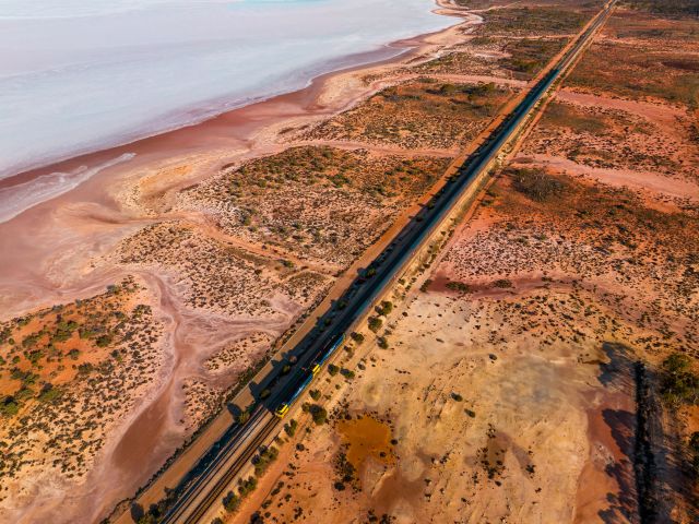 the Indian Pacific passing by WA’s Lake Julia