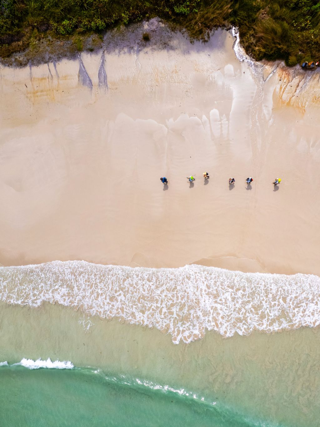 hikers in formation along the shore