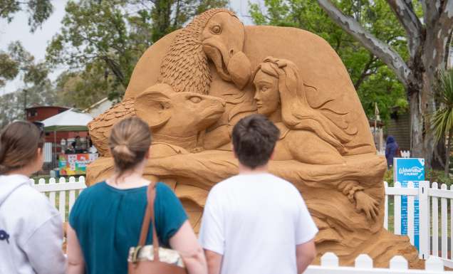 Alice in Wonderland with dodo and mouse sand sculpture for sand sculpture trail in Echuca