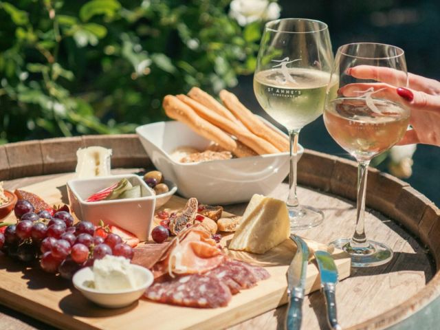 a grazing platter with wine at St Anne’s Winery, Echuca