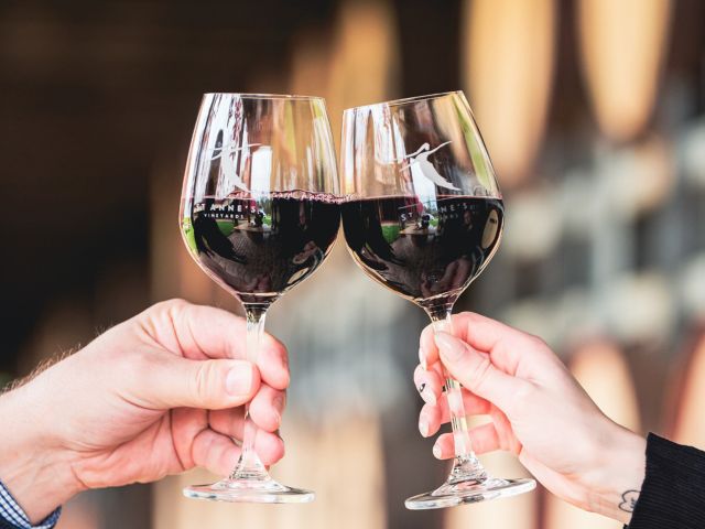 clinking wine glasses at St Anne’s Winery, Moama