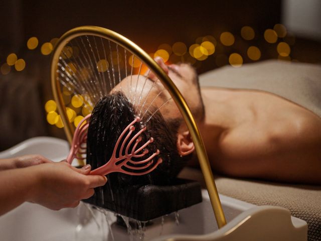 Man gets Japanese head spa treament with water halo in view