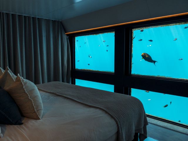 Reefsuites bed and underwater view at Reefworld on Great Barrier Reef