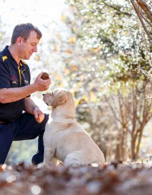 A man and a truffle-hunting dog with a truffle