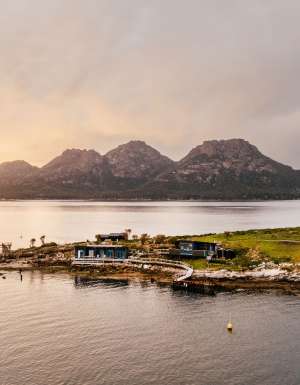 Picnic Island aerial at sunset in Tasmania