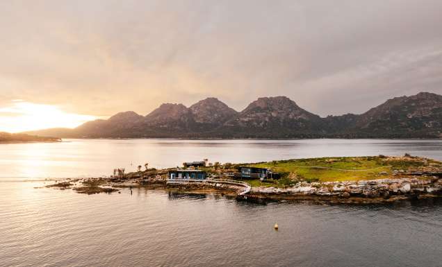 Picnic Island aerial at sunset in Tasmania
