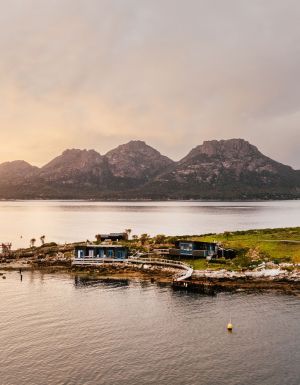 Picnic Island aerial at sunset in Tasmania