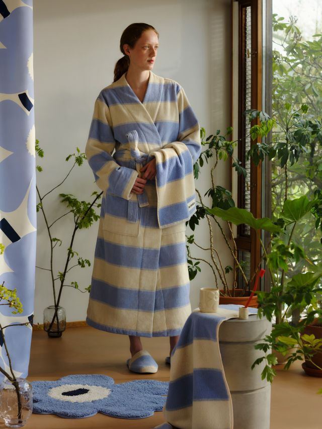 Model wearing Marimekko's robe and slippers