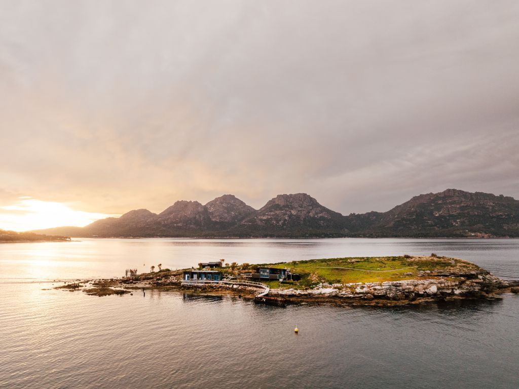 Picnic Island aerial at sunset in Tasmania