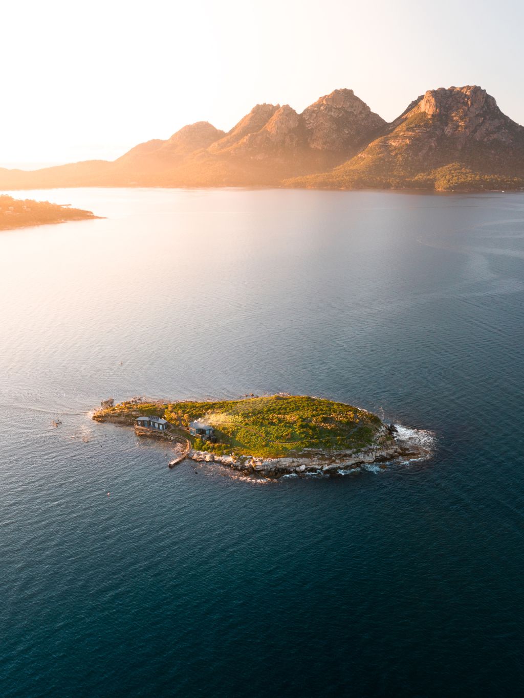Picnic Island aerial at sunset in Tasmania