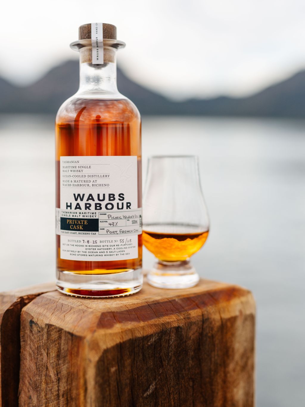 Bottle of Waubs Harbour whisky at Picnic Island in Tasmania