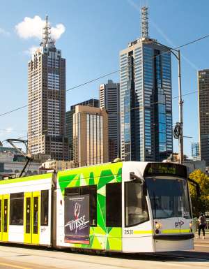 A tram in Melbourne's CBD on Princes Bridge