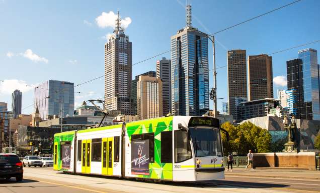 A tram in Melbourne's CBD on Princes Bridge