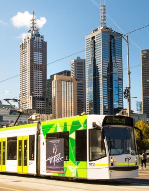 A tram in Melbourne's CBD on Princes Bridge