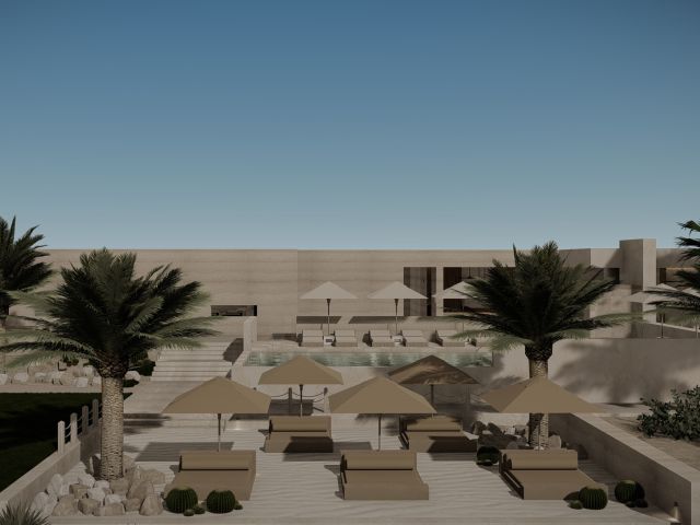 A render of the swimming pool area at Hotel Sebatikel
