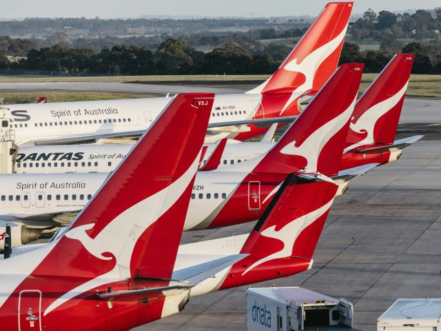 Qantas planes sitting together at airport