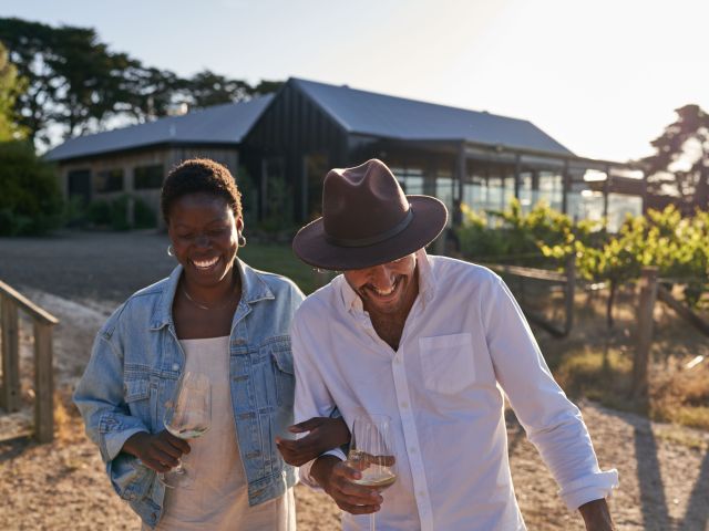 couple laughing at Wayward Winery, Ballarat, Victoria