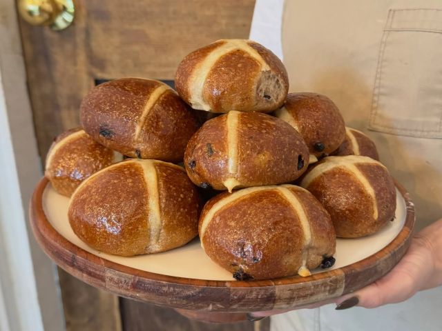 hot cross buns at Palms Artisan Bakery, Forster.