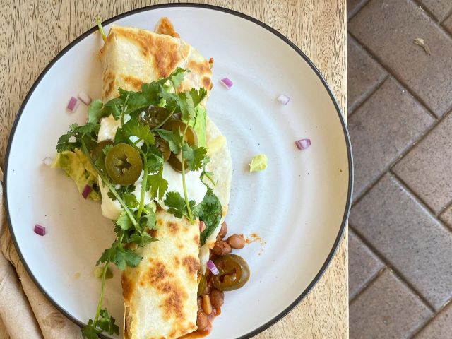 a brekkie burrito at Drumroll Coffee Roasters