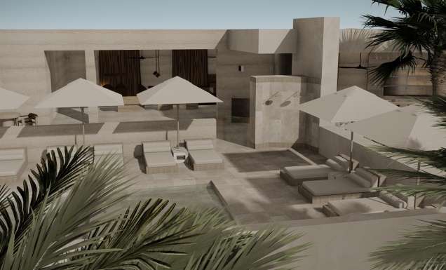 A render of the swimming pool area at Hotel Sebatikel