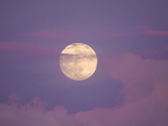 A full moon appearing at dusk