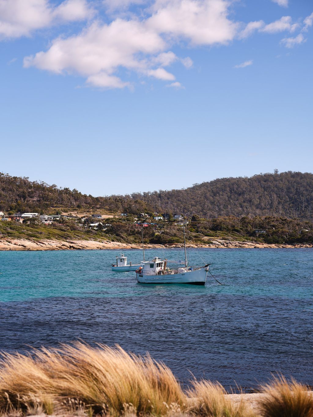 Fishing boats rock on the water in Bicheno