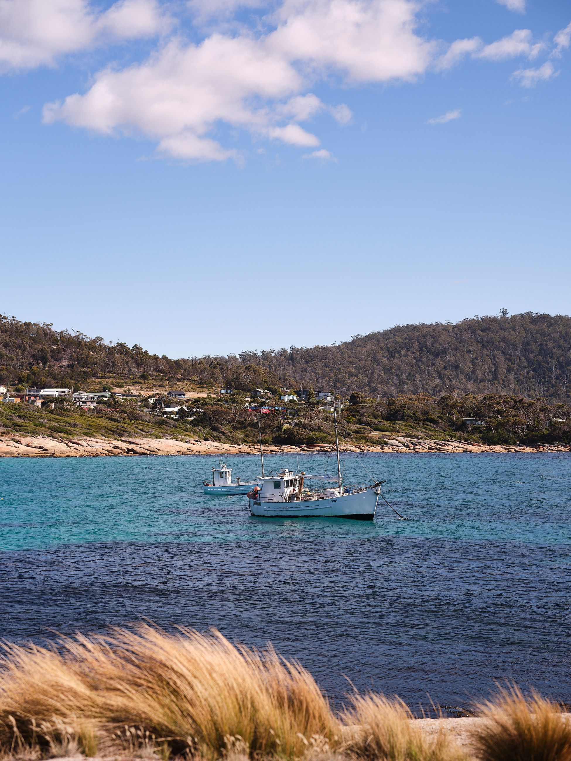 Fishing boats rock on the water in Bicheno