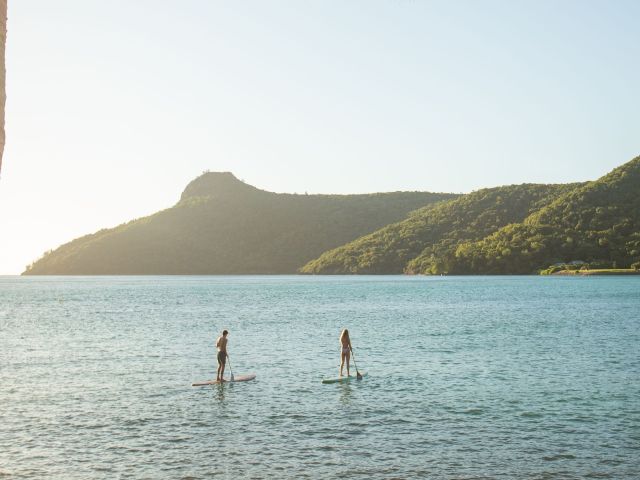 A couple gliding across calm waters on SUP boards together.