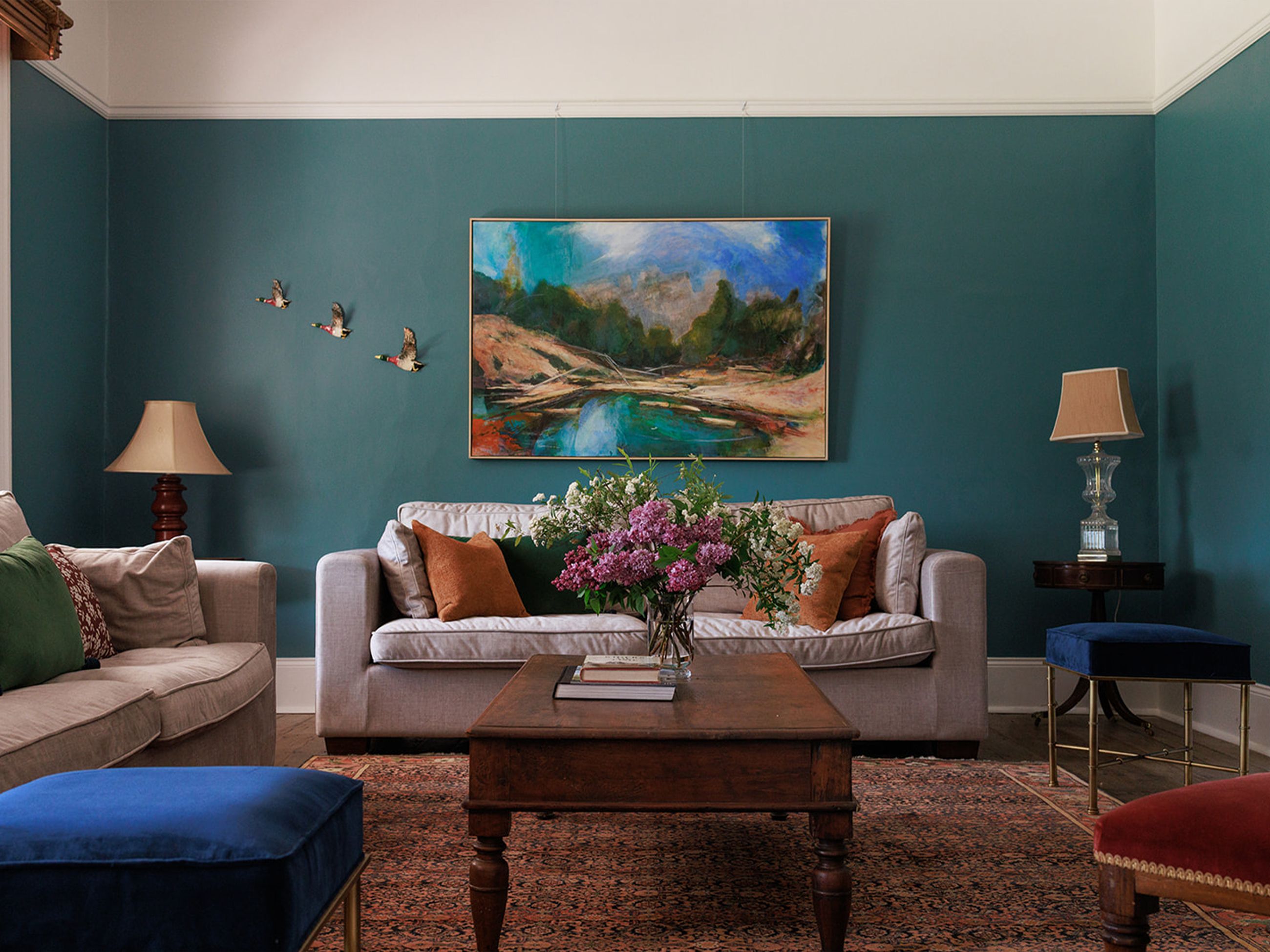 Reception room with teal walls