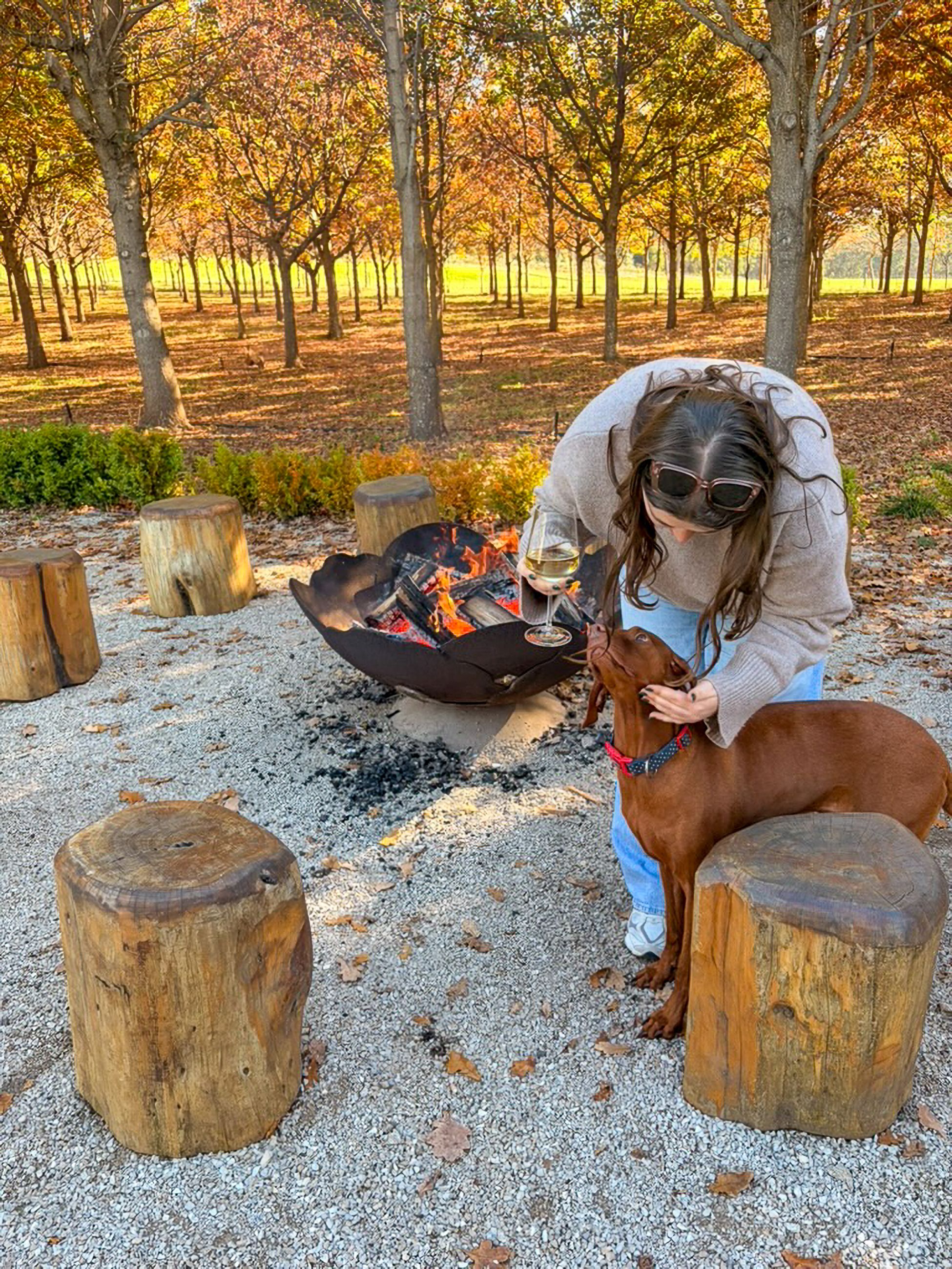 Emily Murphy and George the truffle hunting dog by the firepit at The Truffle Farm, Tasmania