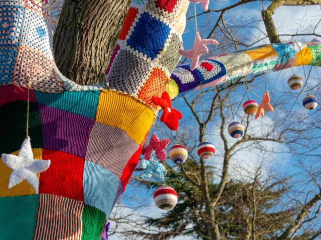 Yarn bombing trees