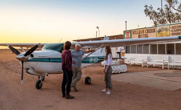 William Creek Hotel outback pub exterior with Cessna plane out front