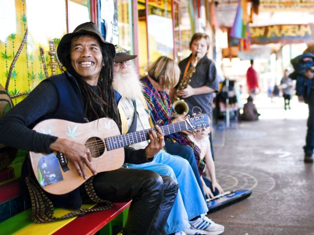 Streetscape of Nimbin with buskers, Northern Rivers