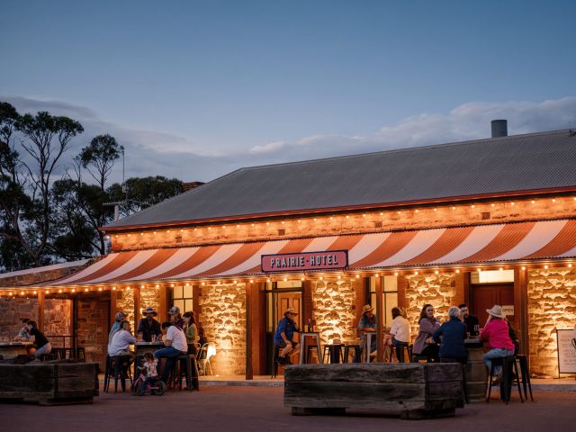 Prairie Hotel outback pub exterior at night