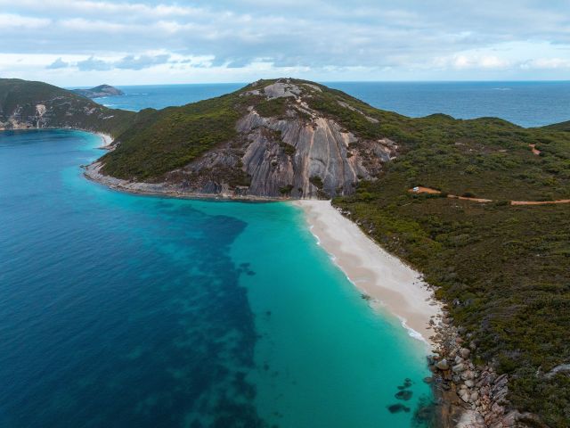 Aerial view of Misery Beach, located within Torndirrup National Park. .