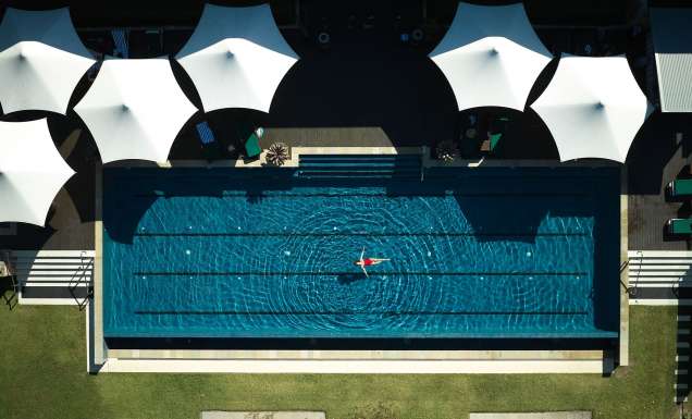 aerial of adults-only pool at crystalbrook byron bay, winner in nsw north coast tourism awards